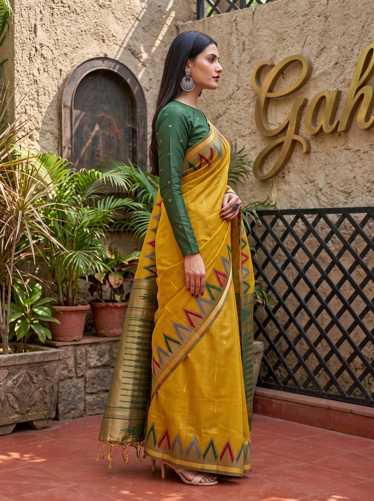 MIMOSA Mustard Banarasi Saree — pose 3 styling detail