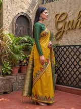 MIMOSA Mustard Banarasi Saree — pose 3 styling detail