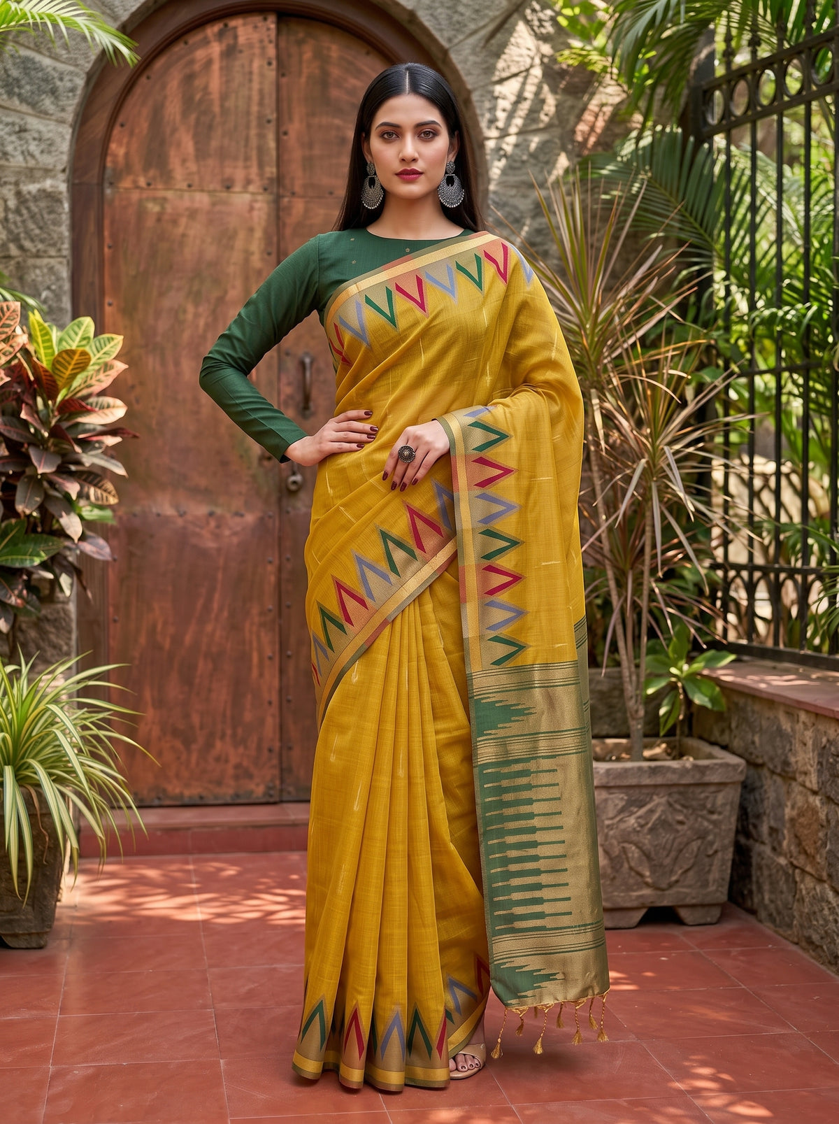 MIMOSA Mustard Banarasi Saree — pose 4 styling detail