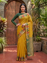 MIMOSA Mustard Banarasi Saree — pose 4 styling detail