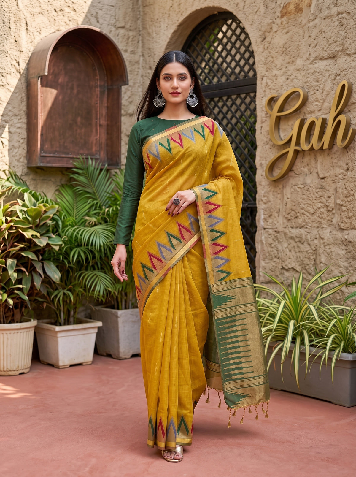 MIMOSA Mustard Banarasi Saree — pose 6 styling detail