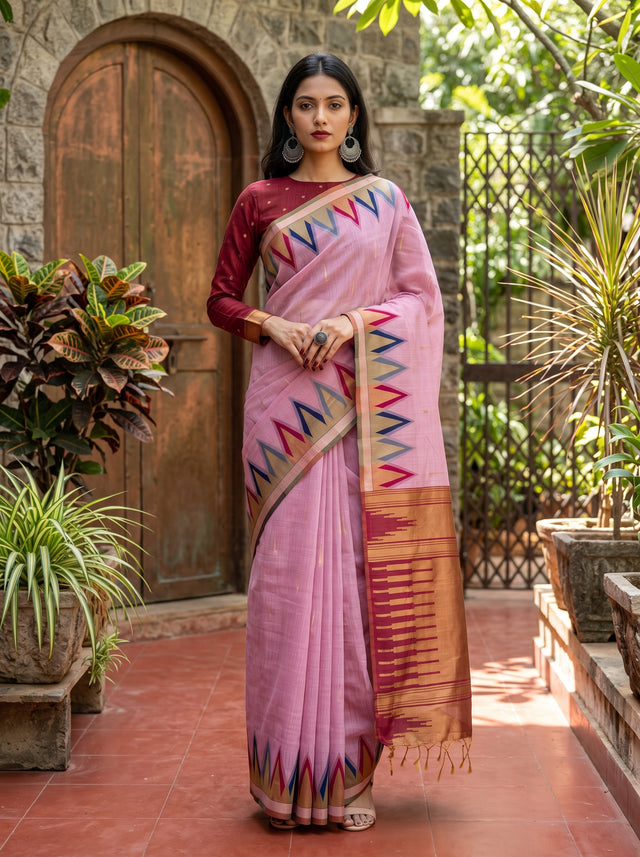 MIMOSA Pink Banarasi Saree — front view on mannequin