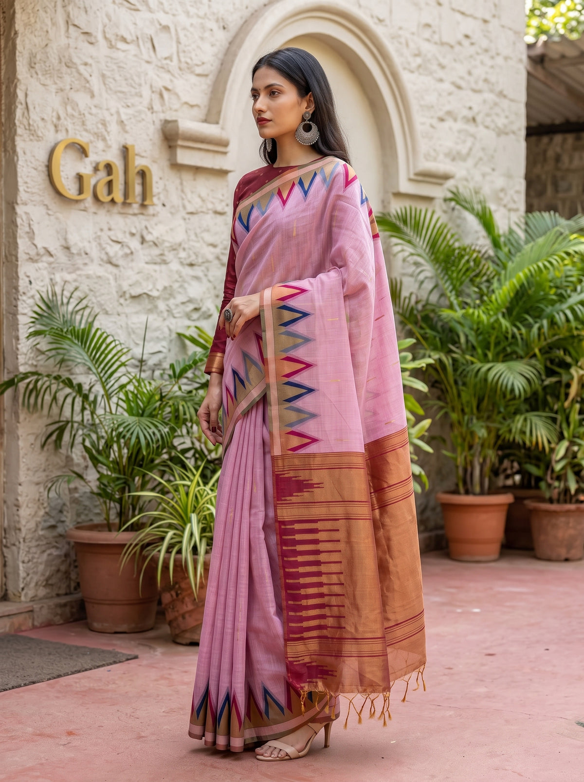 MIMOSA Pink Banarasi Saree — pose 3 styling detail