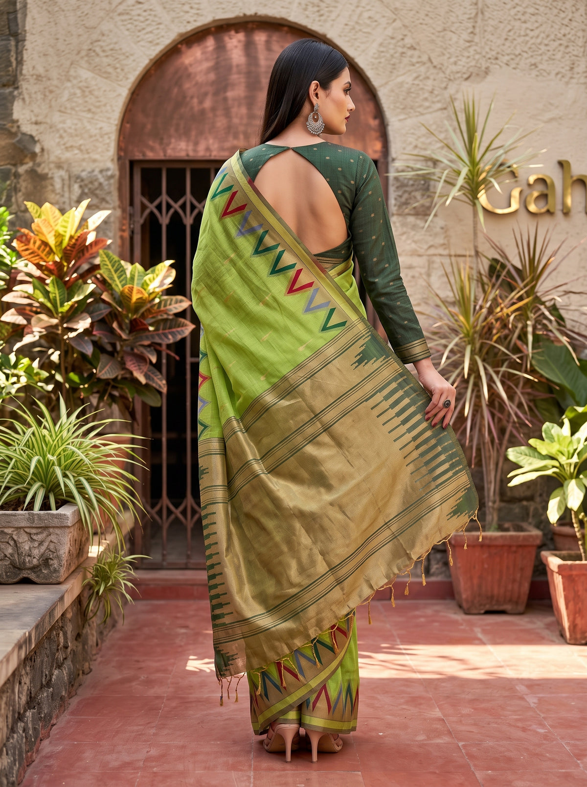 MIMOSA Pista Banarasi Saree — pose 2 styling detail