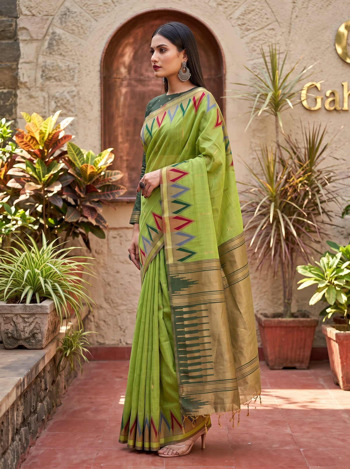 MIMOSA Pista Banarasi Saree — pose 3 styling detail