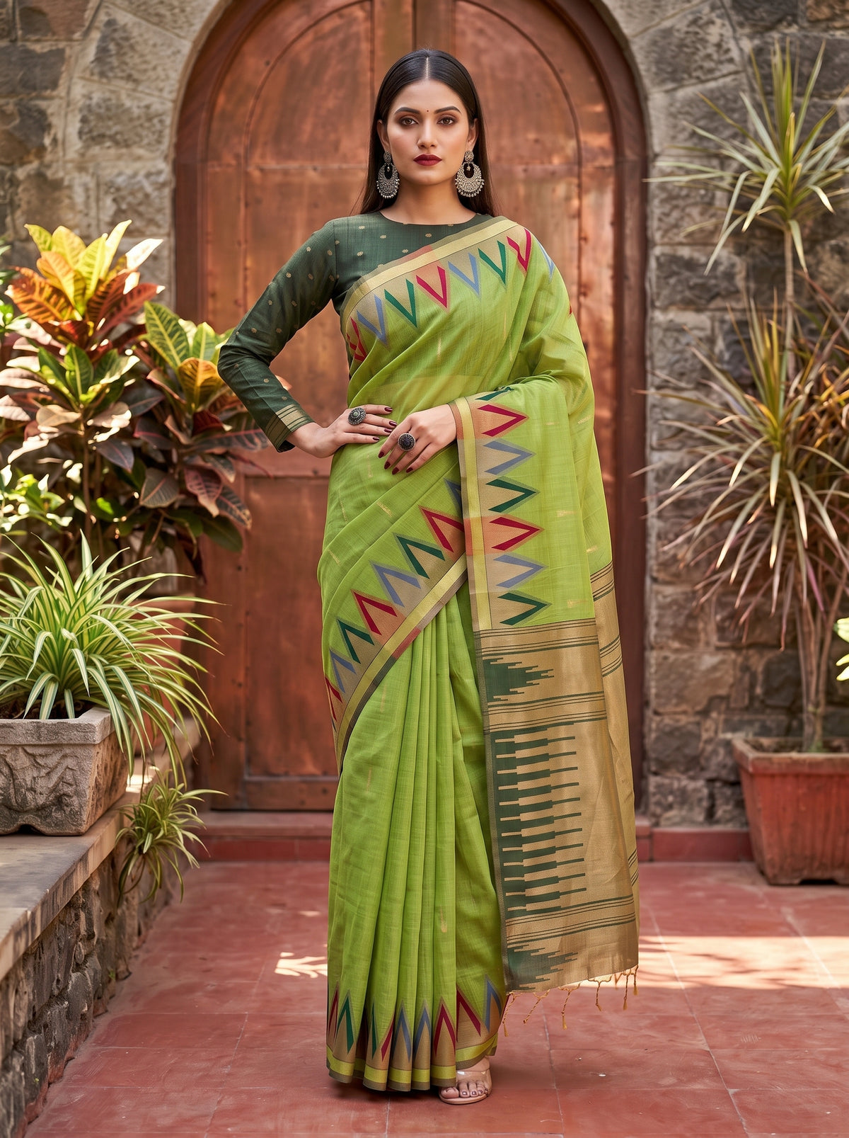 MIMOSA Pista Banarasi Saree — pose 4 styling detail