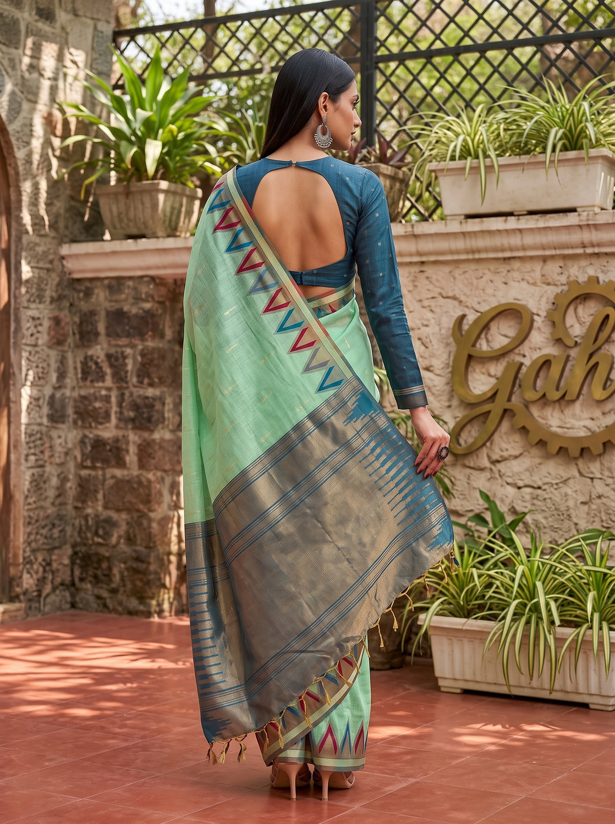 MIMOSA Rama Banarasi Saree — pose 2 styling detail