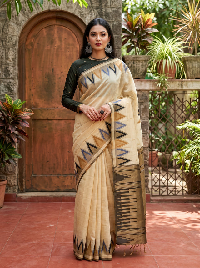 MIMOSA Tussar Banarasi Saree — front view on mannequin