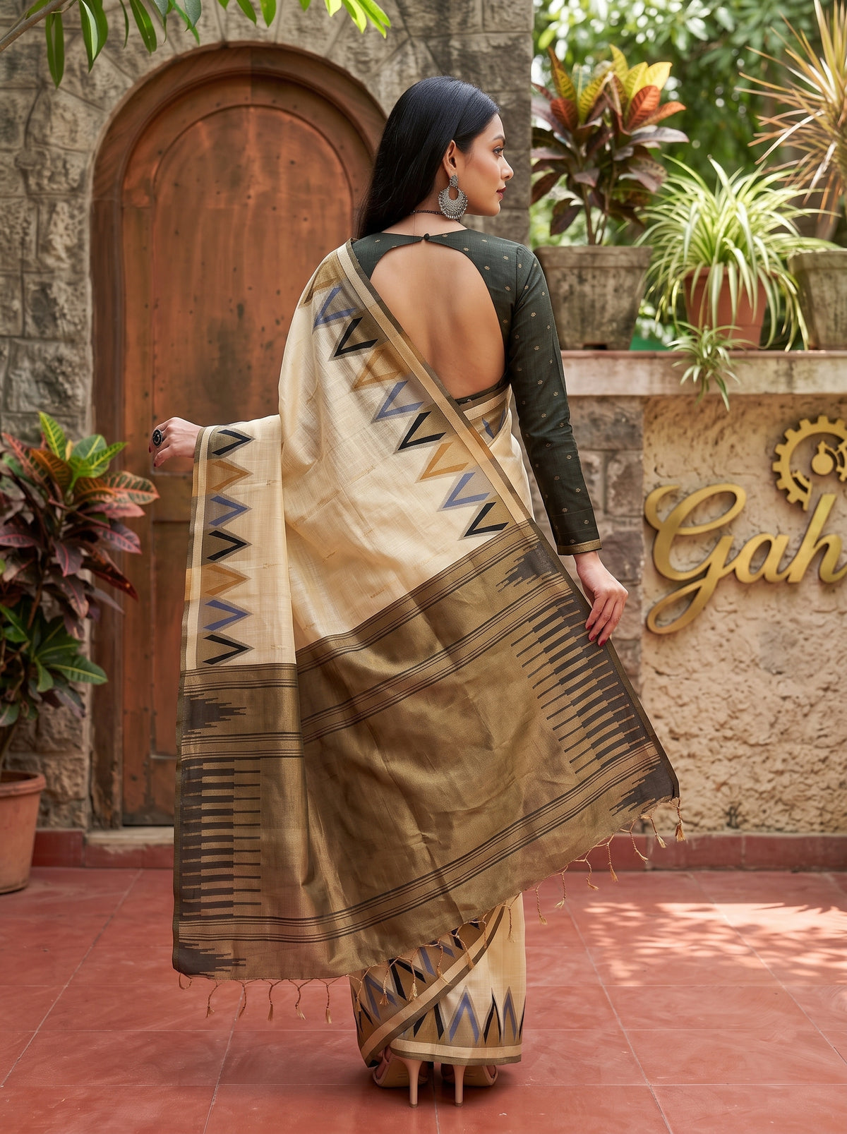 MIMOSA Tussar Banarasi Saree — pose 2 styling detail