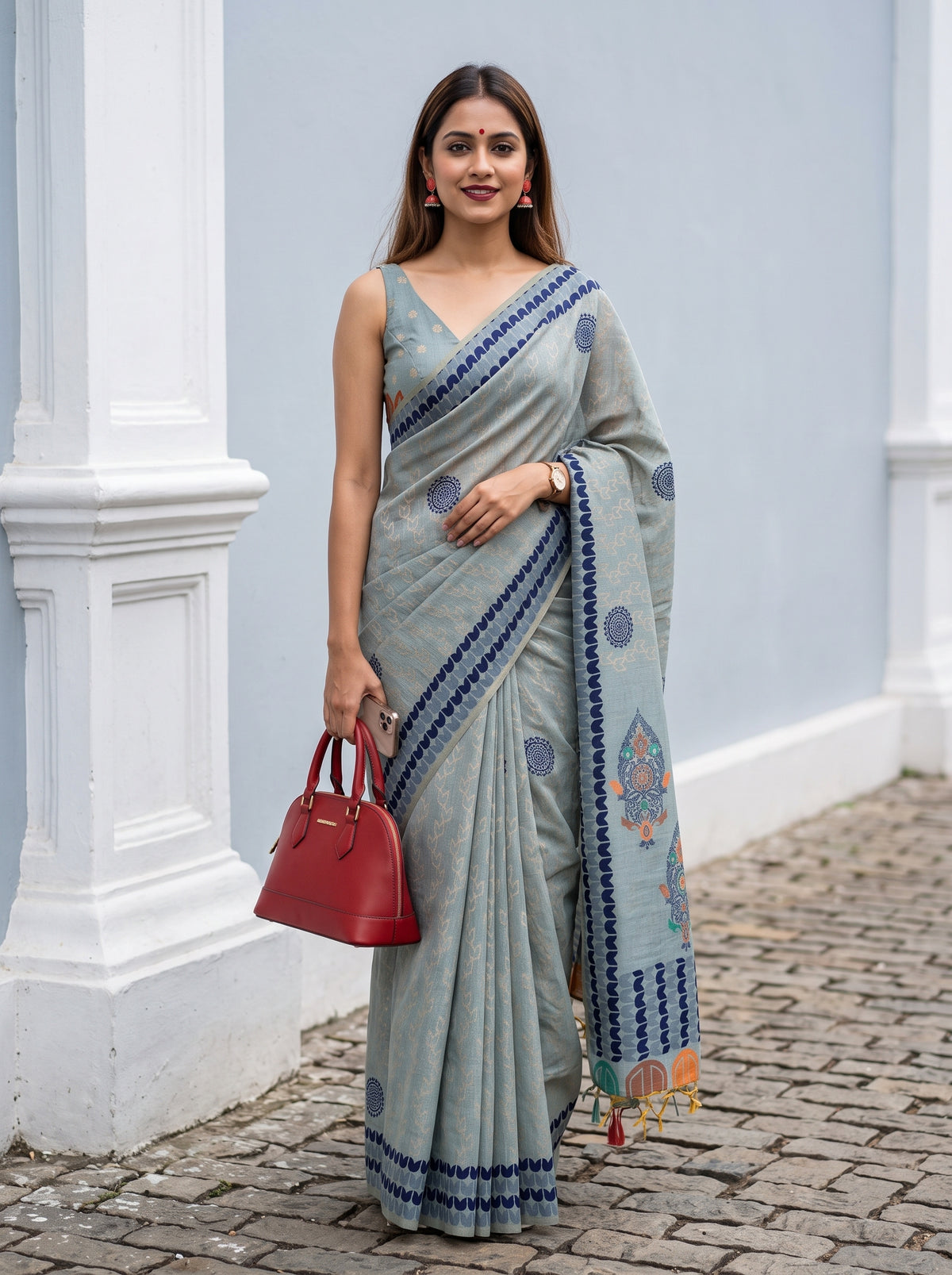 MIMOSA Blue Banarasi Cotton Saree — AI Model lifestyle pose