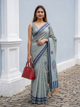 MIMOSA Blue Banarasi Cotton Saree — AI Model lifestyle pose