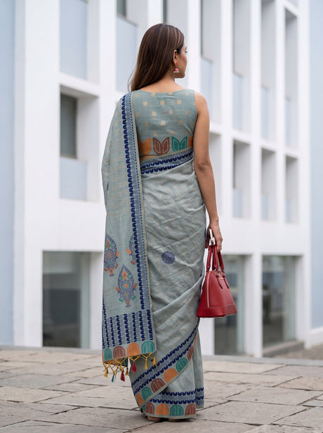 MIMOSA Blue Banarasi Cotton Saree — Saree shot pallu and body