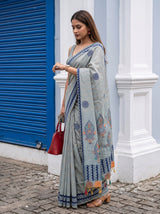 MIMOSA Blue Banarasi Cotton Saree — pose 3 styling detail