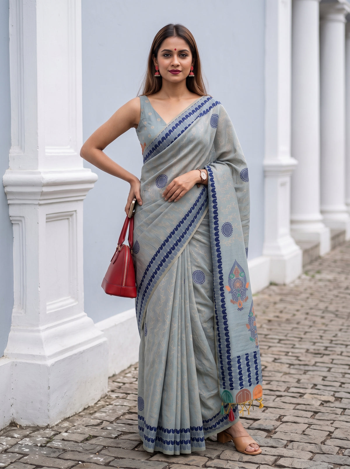 MIMOSA Blue Banarasi Cotton Saree — pose 4 styling detail