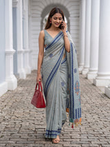 MIMOSA Blue Banarasi Cotton Saree — pose 5 styling detail