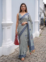 MIMOSA Blue Banarasi Cotton Saree — pose 6 styling detail