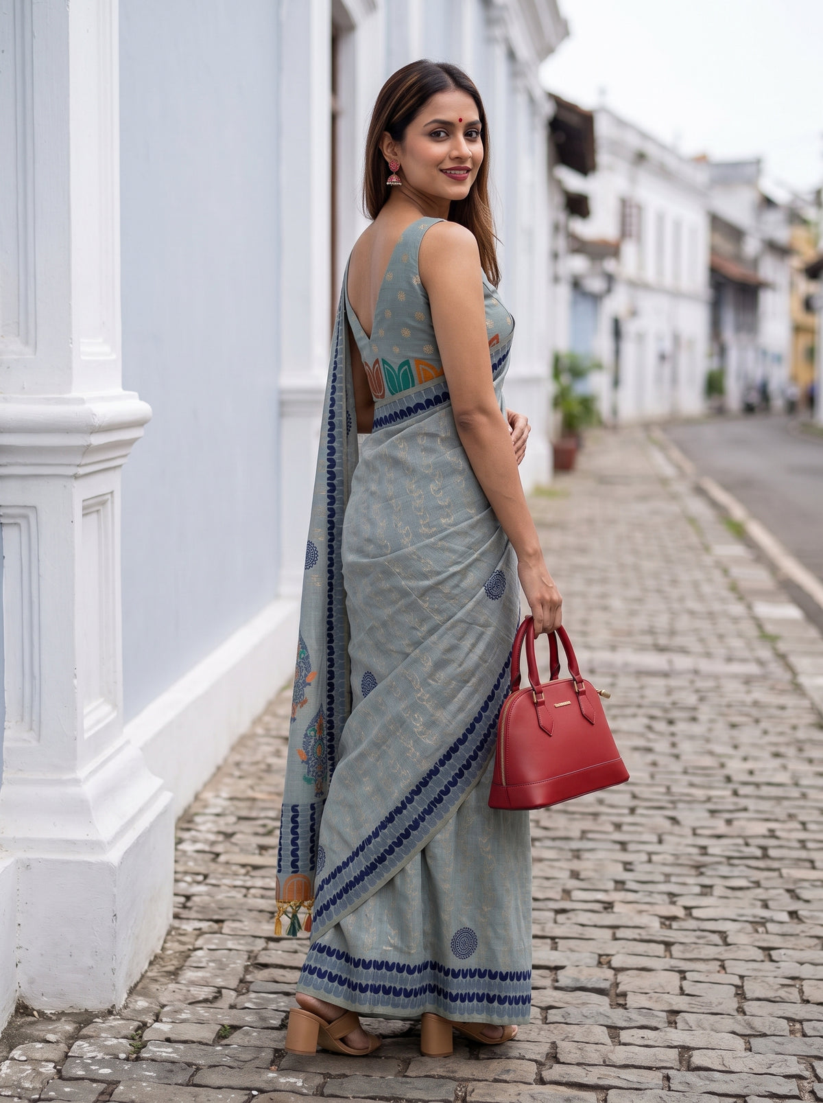 MIMOSA Blue Banarasi Cotton Saree — pose 7 styling detail