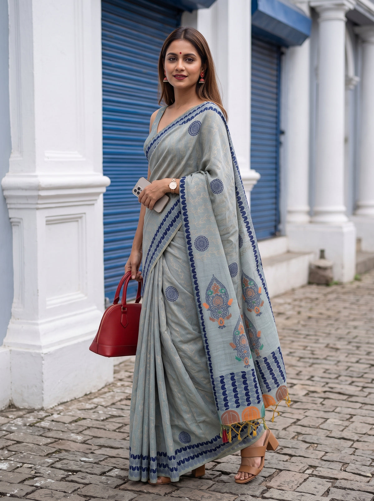 MIMOSA Blue Banarasi Cotton Saree — pose 9 styling detail