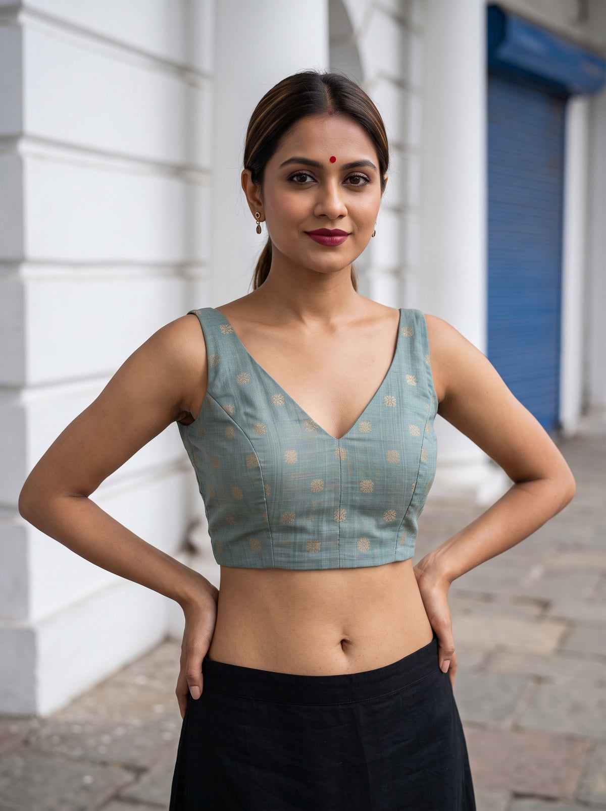 MIMOSA Blue Banarasi Cotton Saree — blouse close-up