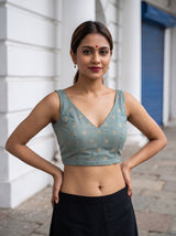 MIMOSA Blue Banarasi Cotton Saree — blouse close-up