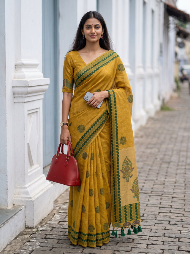 MIMOSA Mustard Banarasi Cotton Saree — AI Model lifestyle pose