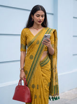MIMOSA Mustard Banarasi Cotton Saree — pose 10 styling detail