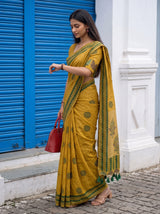 MIMOSA Mustard Banarasi Cotton Saree — pose 3 styling detail