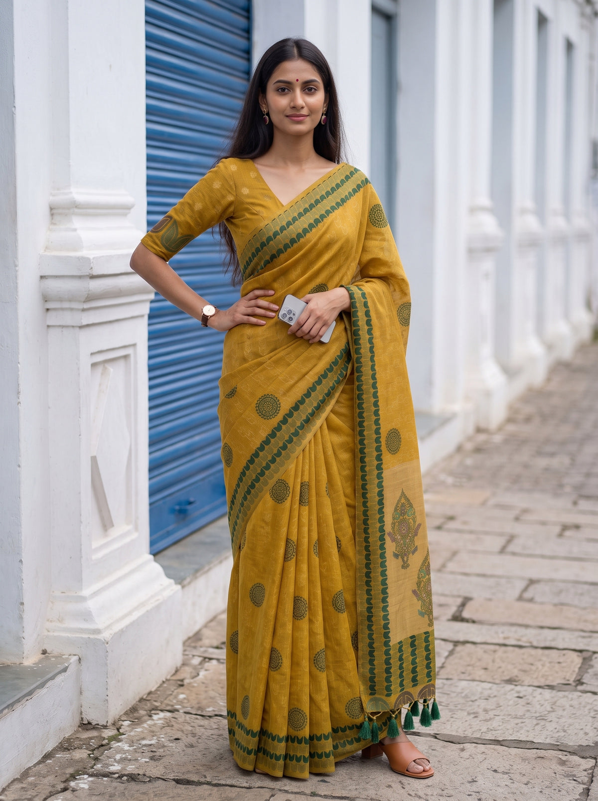 MIMOSA Mustard Banarasi Cotton Saree — pose 4 styling detail