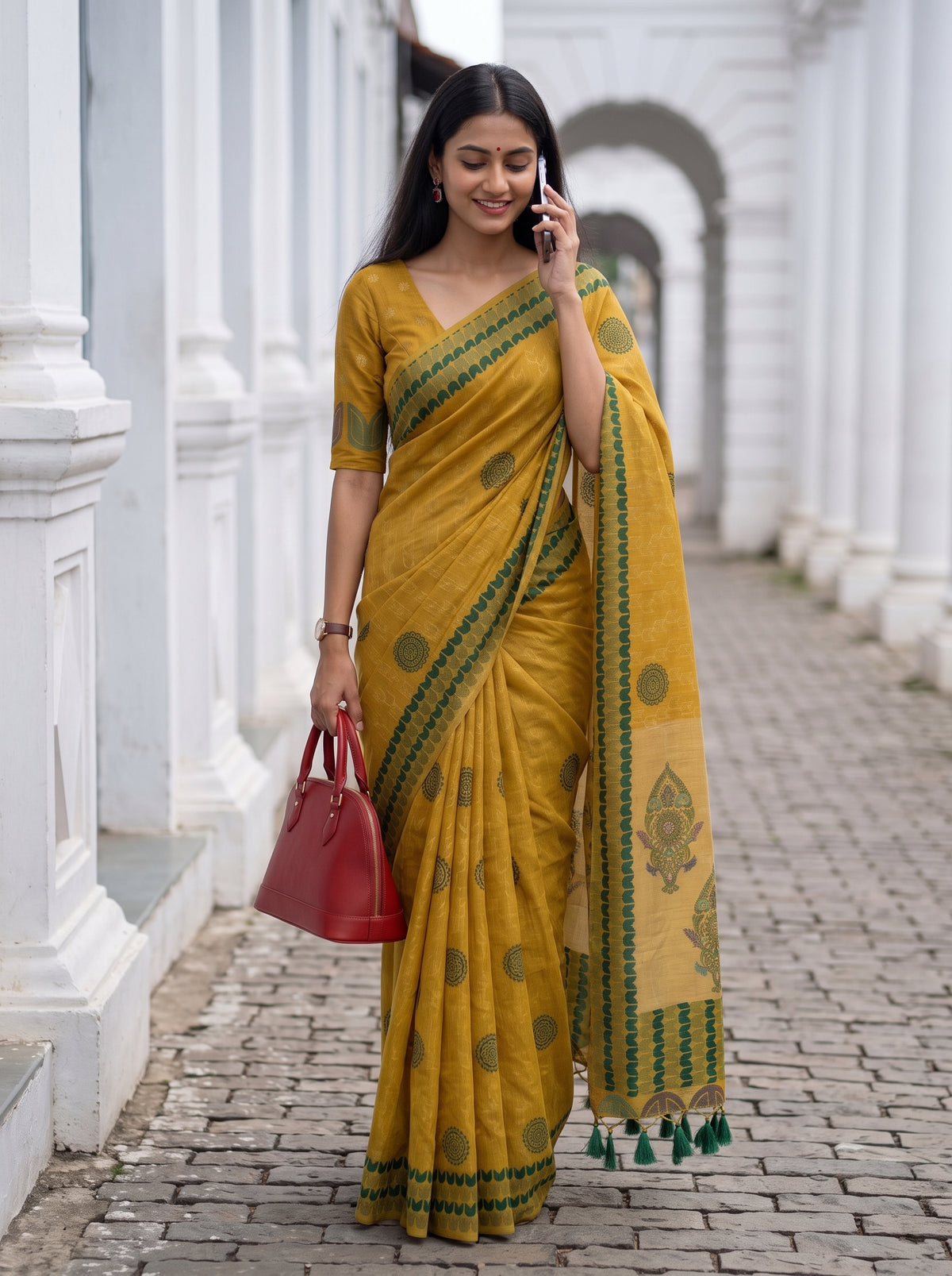 MIMOSA Mustard Banarasi Cotton Saree — pose 5 styling detail