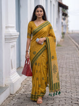 MIMOSA Mustard Banarasi Cotton Saree — pose 6 styling detail