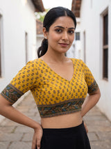 MIMOSA Mustard Banarasi Cotton Saree — blouse close-up