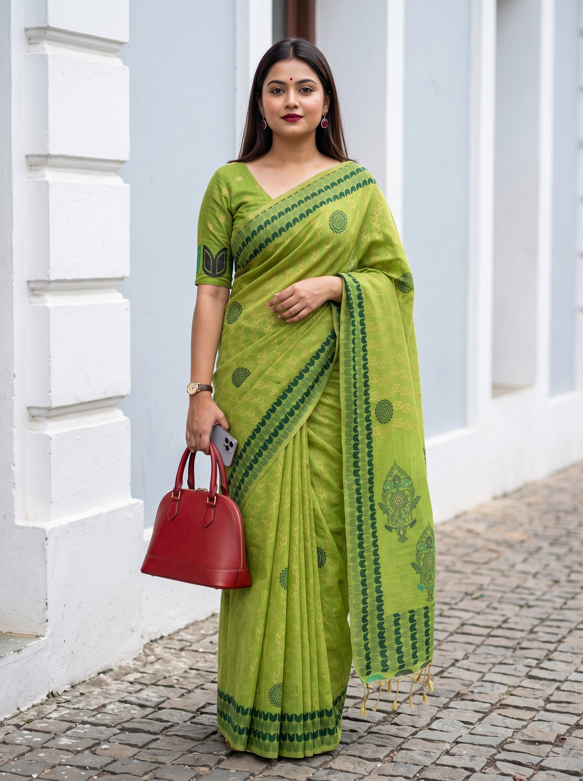 MIMOSA Parrot Green Banarasi Cotton Saree — AI Model lifestyle pose