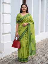 MIMOSA Parrot Green Banarasi Cotton Saree — AI Model lifestyle pose
