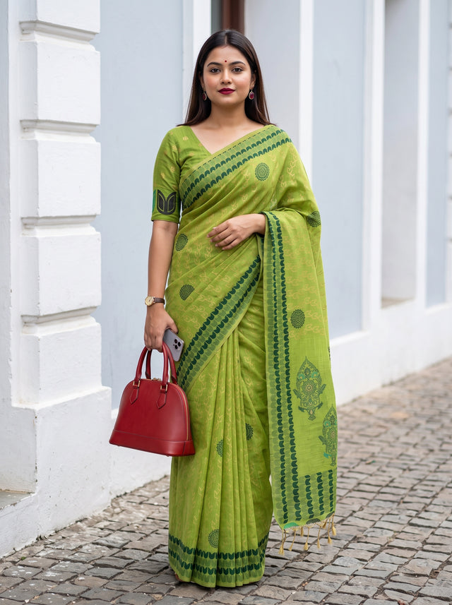 MIMOSA Parrot Green Banarasi Cotton Saree — AI Model lifestyle pose