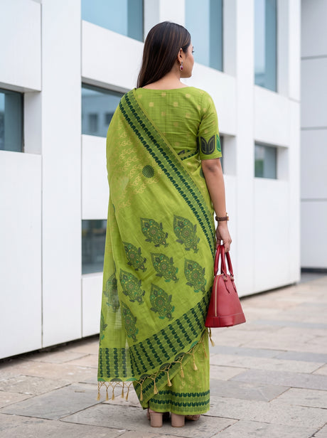 MIMOSA Parrot Green Banarasi Cotton Saree — Saree shot pallu and body