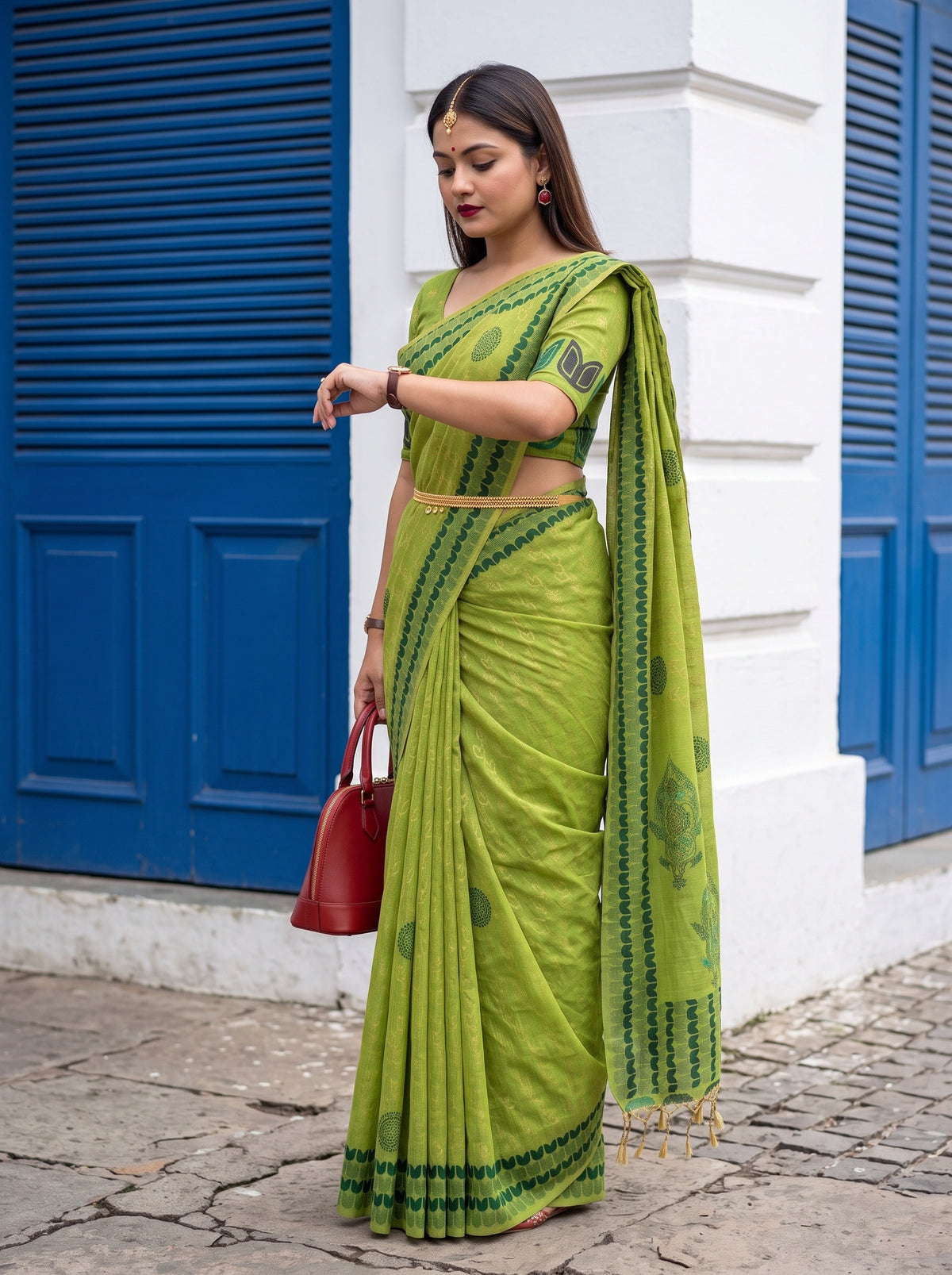 MIMOSA Parrot Green Banarasi Cotton Saree — pose 3 styling detail