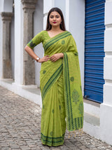 MIMOSA Parrot Green Banarasi Cotton Saree — pose 4 styling detail
