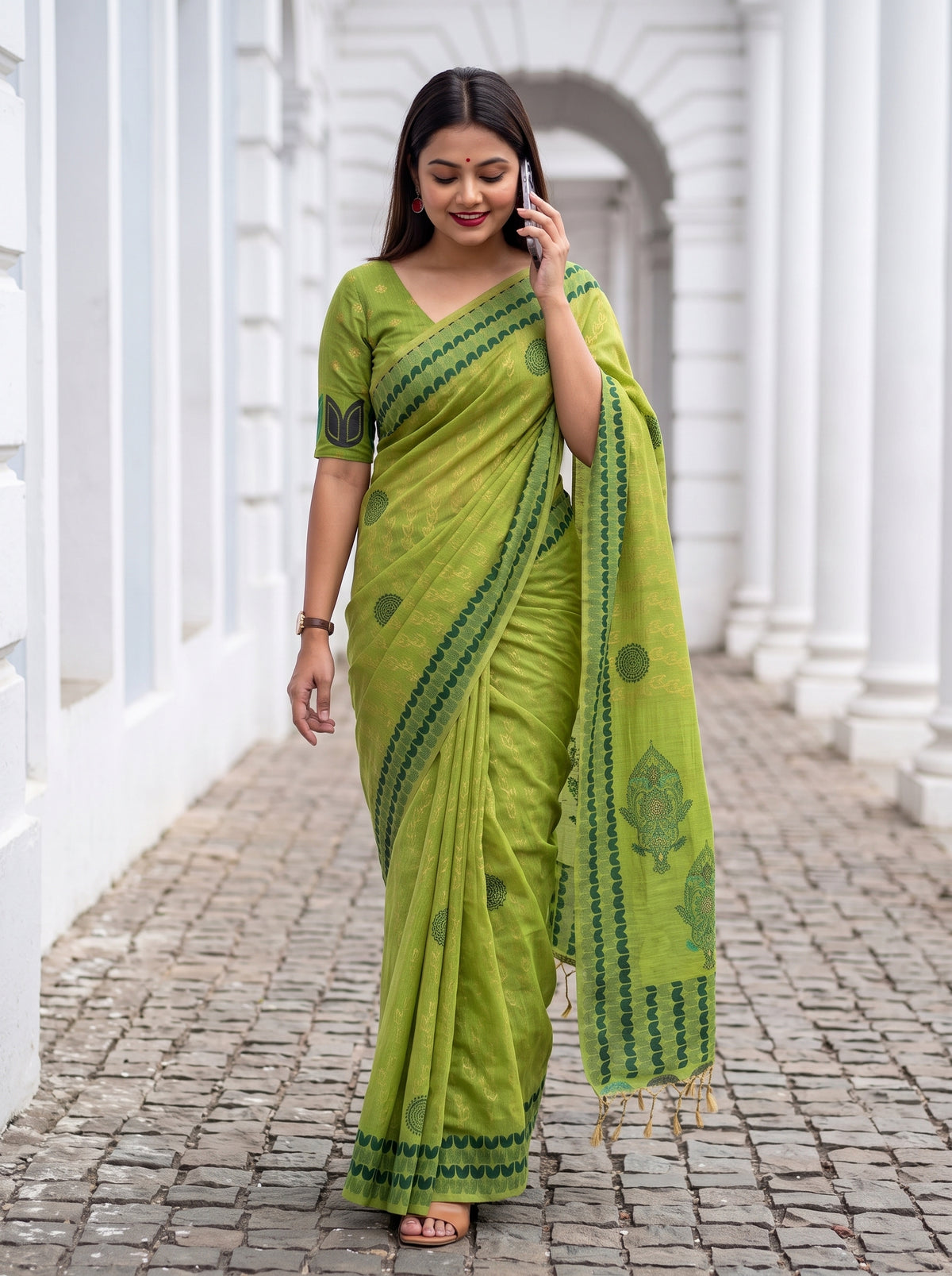 MIMOSA Parrot Green Banarasi Cotton Saree — pose 5 styling detail
