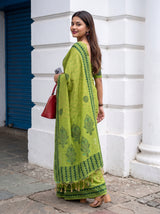 MIMOSA Parrot Green Banarasi Cotton Saree — pose 7 styling detail