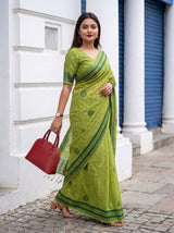 MIMOSA Parrot Green Banarasi Cotton Saree — pose 9 styling detail
