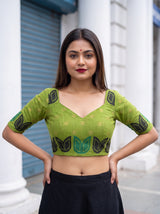 MIMOSA Parrot Green Banarasi Cotton Saree — blouse close-up