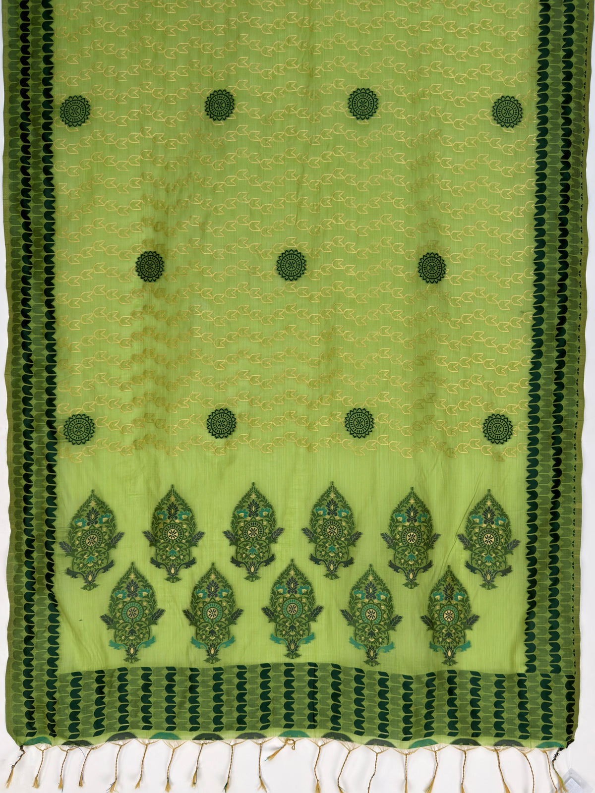 MIMOSA Parrot Green Banarasi Cotton Saree — pallu and zari work detail