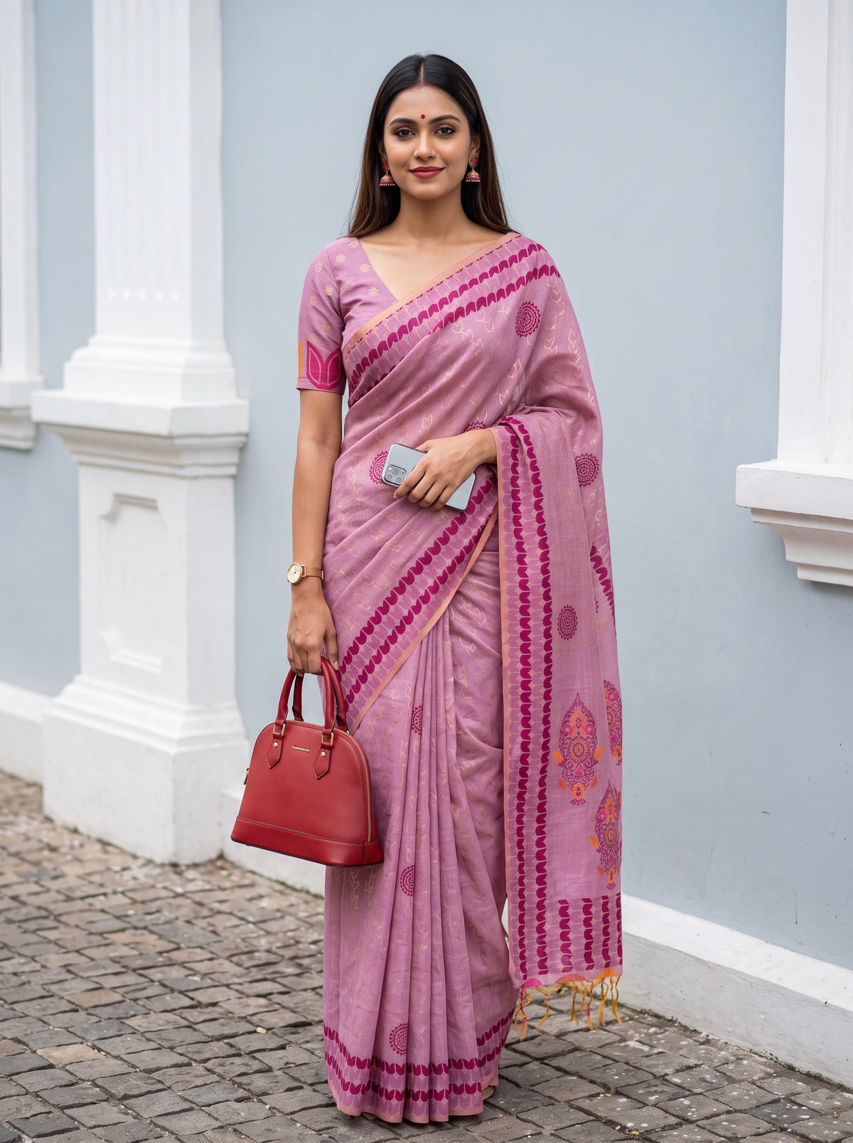 MIMOSA Pink Banarasi Cotton Saree — AI Model lifestyle pose