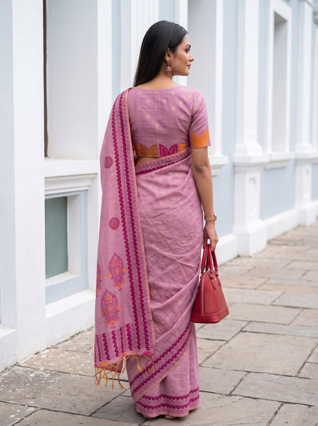 MIMOSA Pink Banarasi Cotton Saree — Saree shot pallu and body