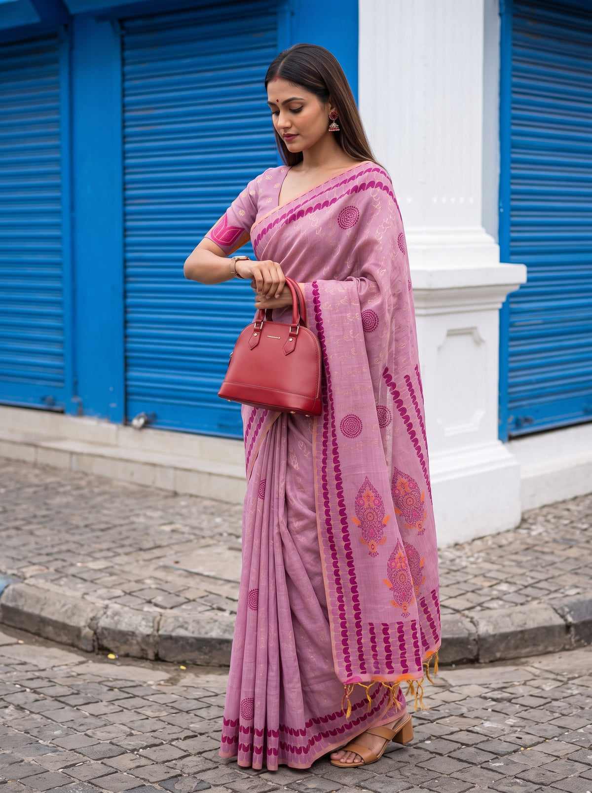 MIMOSA Pink Banarasi Cotton Saree — pose 3 styling detail