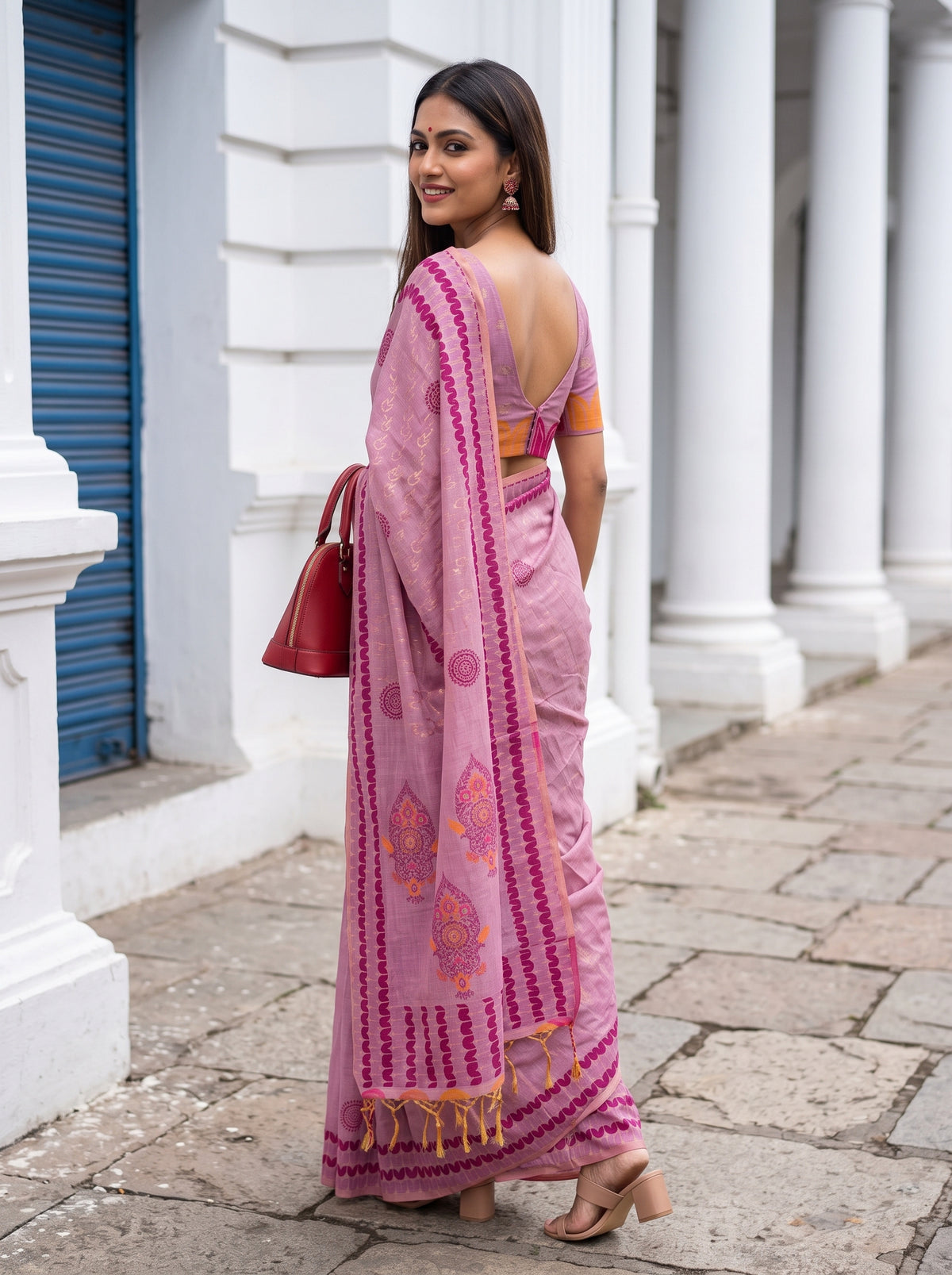 MIMOSA Pink Banarasi Cotton Saree — pose 7 styling detail