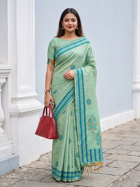 MIMOSA Rama Banarasi Cotton Saree — AI Model lifestyle pose