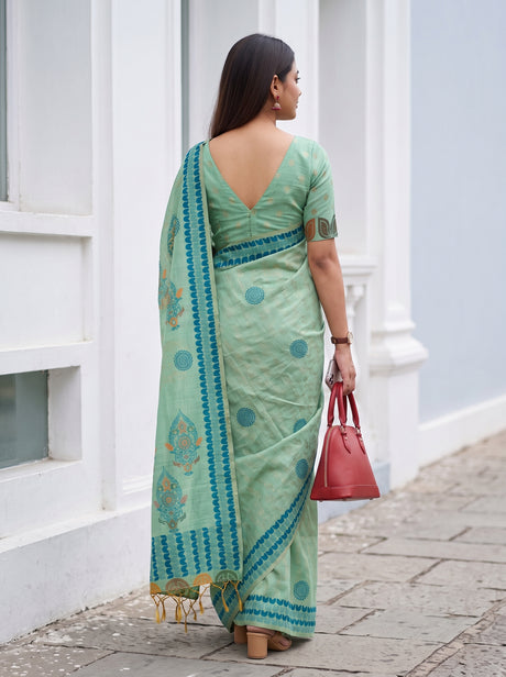 MIMOSA Rama Banarasi Cotton Saree — Saree shot pallu and body