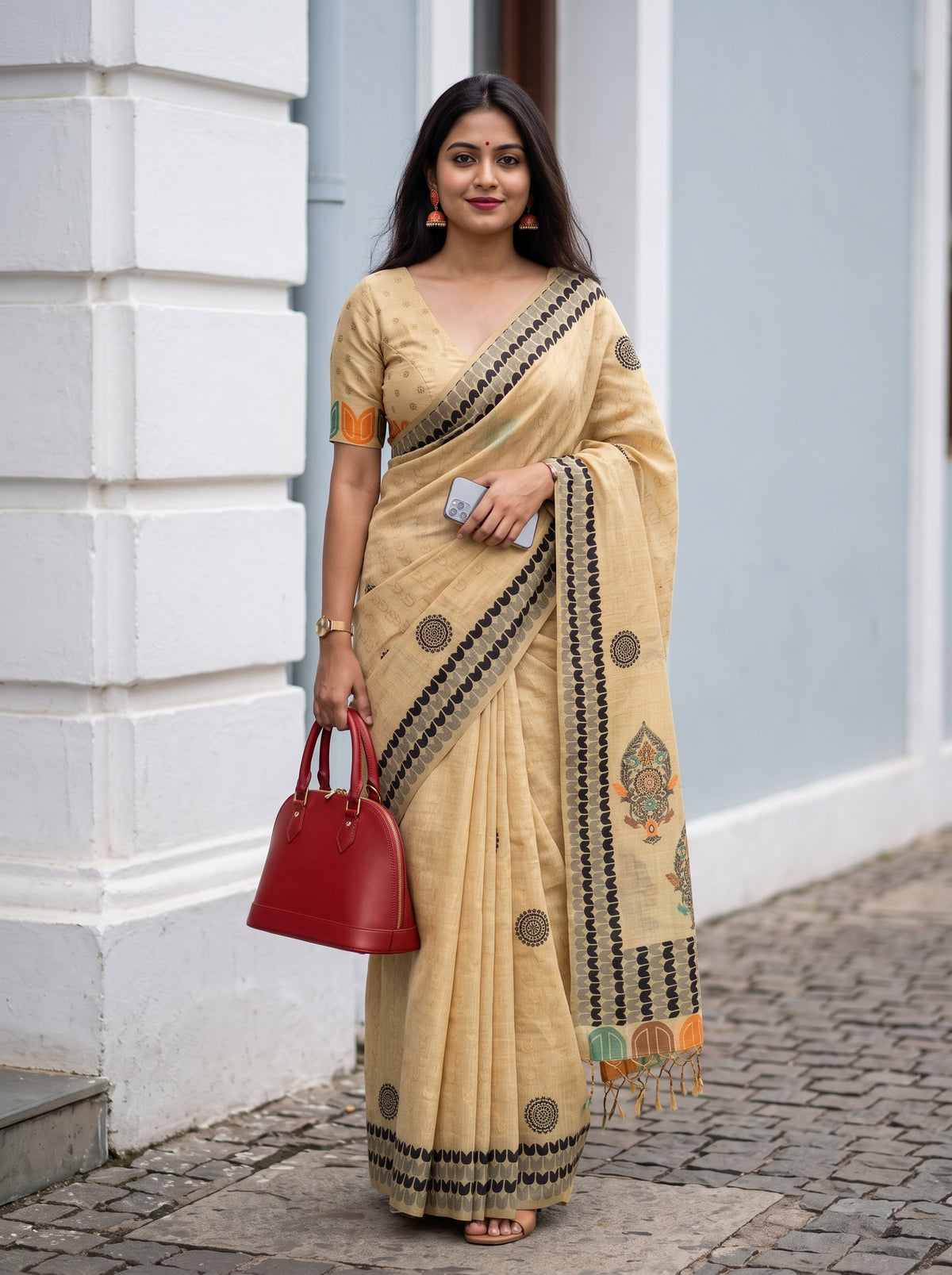 MIMOSA Tussar Banarasi Cotton Saree — AI Model lifestyle pose