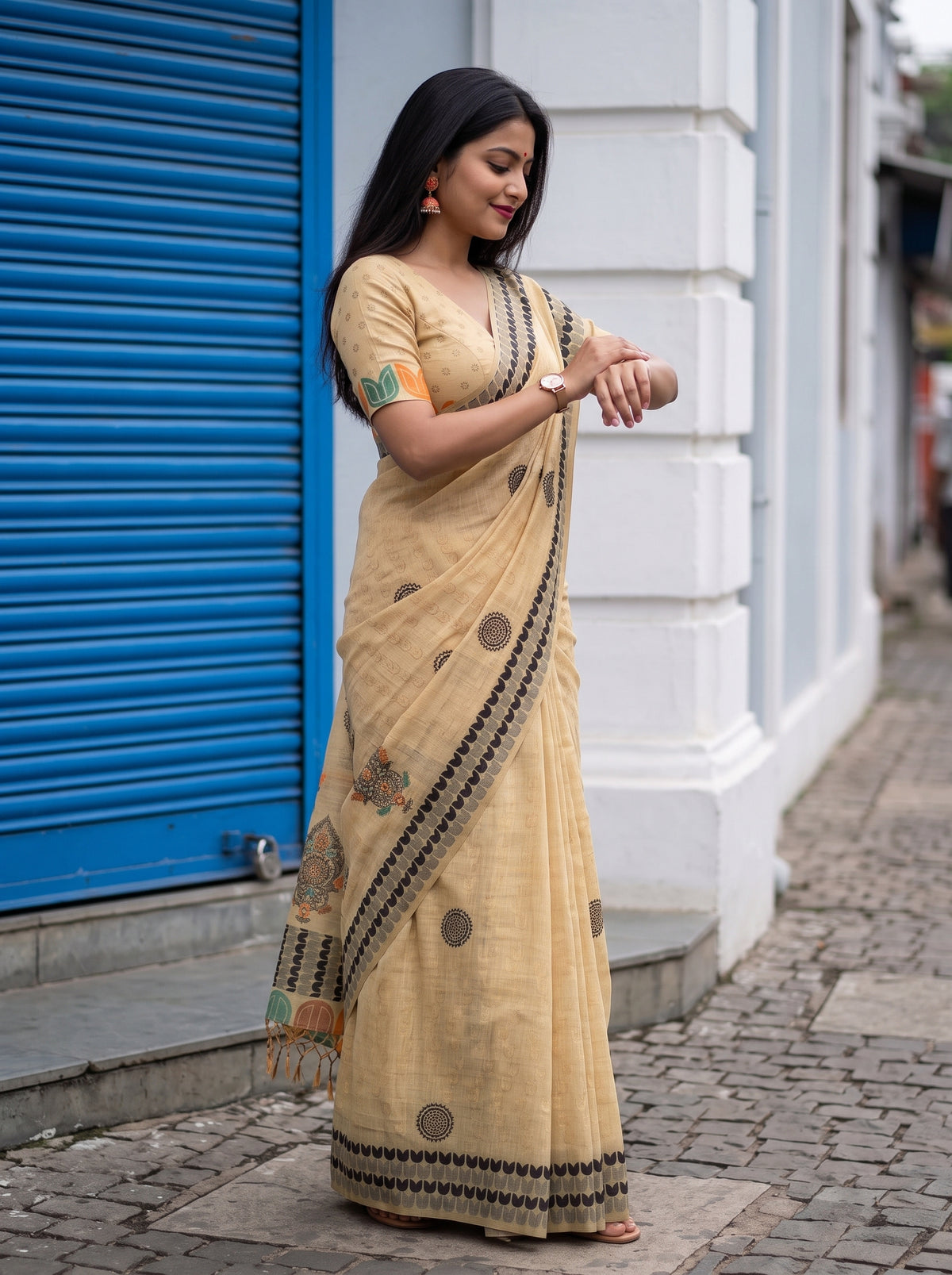 MIMOSA Tussar Banarasi Cotton Saree — pose 3 styling detail